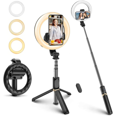 [Užsakomoji prekė] Selfie Stick cu lampa circulara - Techsuit (Q07) - Juodos spalvos