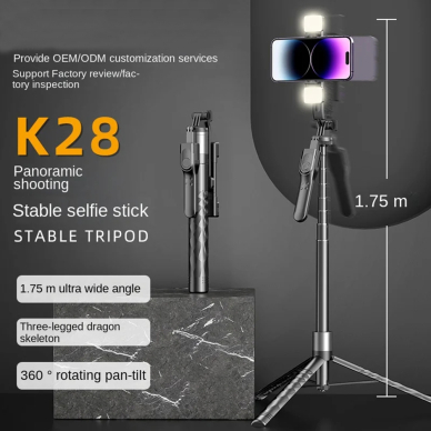 [Užsakomoji prekė] Selfie lazda Su apšvietimu LED, 175cm - Techsuit (K28) - Juodas 3