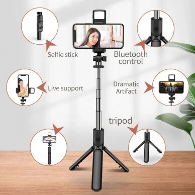 [Užsakomoji prekė] Selfie lazda Su apšvietimu LED, 67cm - Techsuit (S03-S) - Juodas 2