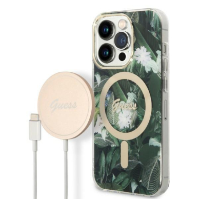 Dėklas su pakrovėju Set Guess Jungle MagSafe GUBPP14LHJEACSA iPhone 14 Pro Žalias