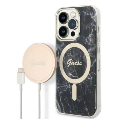 Dėklas su pakrovėju Set Guess Marble MagSafe GUBPP14LHMEACSK iPhone 14 Pro Juodas