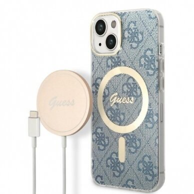 Dėklas su pakrovėju Set Guess 4G Print MagSafe GUBPP14MH4EACSB iPhone 14 Plus Mėlynas