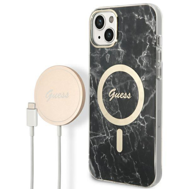 Dėklas su pakrovėju Set Guess Marble MagSafe GUBPP14MHMEACSK iPhone 14 Plus Juodas