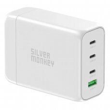 Silver Monkey SMA152 130W GaN Įkroviklis  3xUSB-C PD USB-A QC 3.0detachable power Kabelis - baltas