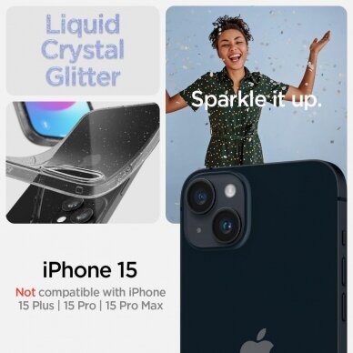 Apsauginis silikono dėklas Spigen LIQUID CRYSTAL IPHONE 15 GLITTER CRYSTAL Permatomas Blizgus 8