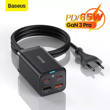 [Užsakomoji prekė] Statie Incarcare 2xUSB-C, PD65W, 2xUSB-A, 5A + Cablu Type-C - Baseus GaN3 Pro (CCGP040101) - Juodos spalvos 1