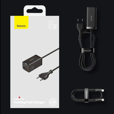 [Užsakomoji prekė] Statie Incarcare 2xUSB-C, PD65W, 2xUSB-A, 5A + Cablu Type-C - Baseus GaN3 Pro (CCGP040101) - Juodos spalvos 6