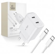 Tech-Protect C20W 2x USB-C PD 20W network Įkroviklis USB-C / USB-C Kabelis - baltas