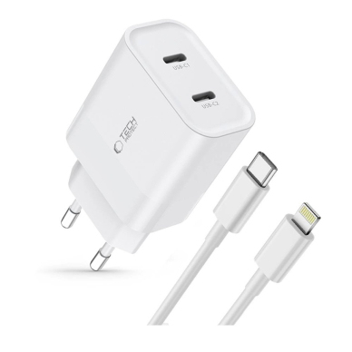 Tech-Protect C20W 2x USB-C PD 20W network Įkroviklis Lightning / USB-C Kabelis - baltas 1