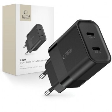 Tech-Protect C20W mains Įkroviklis  2x USB-C PD 20W - Juodas