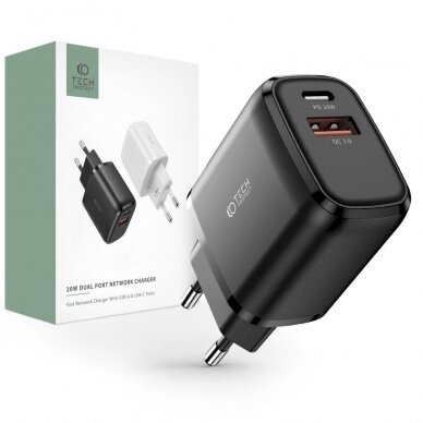 Tech-Protect C20W USB-C PD 20W / USB-A QC 3.0 network Įkroviklis  - Juodas