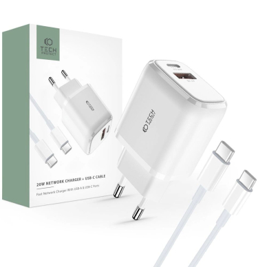 Tech-Protect C20W USB-C PD 20W / USB-A QC 3.0 network Įkroviklis USB-C / USB-C Kabelis - baltas