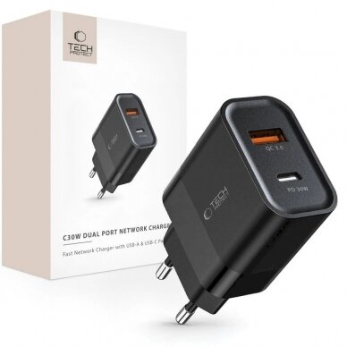 Tech-Protect C30W USB-C PD 30W / USB-A QC 3.0 network Įkroviklis  - Juodas