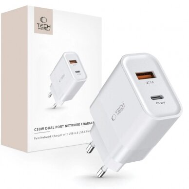 Tech-Protect C30W USB-C PD 30W / USB-A QC 3.0 network Įkroviklis  - baltas