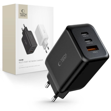 Tech-Protect C65W network Įkroviklis  2x USB-C PD 65W / USB-A QC 3.0 - Juodas