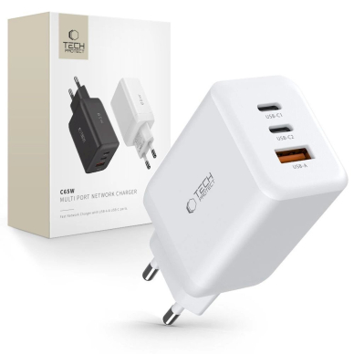 Tech-Protect C65W network Įkroviklis  2x USB-C PD 65W / USB-A QC 3.0 - baltas