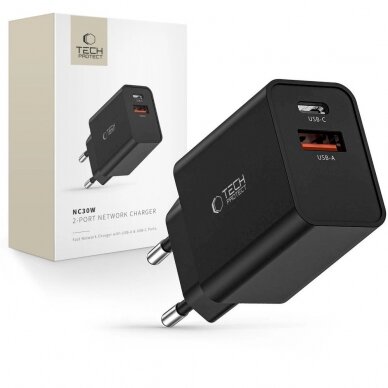 Tech-Protect NC30W USB-C PD 30W / USB-A QC 3.0 network Įkroviklis  - Juodas