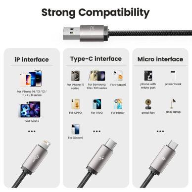 Tech-Protect UltraBoost 3in1 USB-A - Lightning / USB-C / micro USB 3.5A Kabelis 1m - pilkas 6