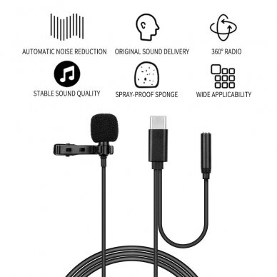 [Užsakomoji prekė] Techsuit - Wired Lavalier (WL2) - Type-C, Jack Female 3.5mm, Noise Reduction, Metal Collar Clip - Juoda 2