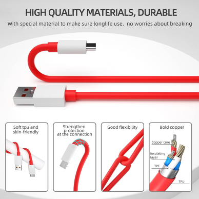 [Užsakomoji prekė] Type-C Charging Cable, 10A - OnePlus (DL129) - Baltas / Red 2