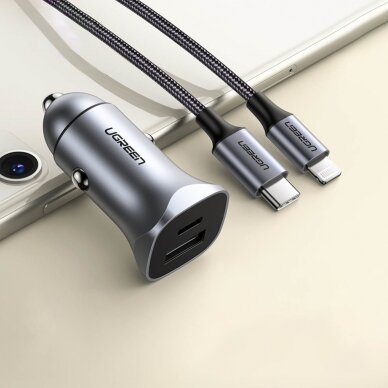 Akcija! Ugreen fast car charger USB-A / USB-C 18W gray (CD130)  1