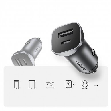 Akcija! Ugreen fast car charger USB-A / USB-C 18W gray (CD130)  14