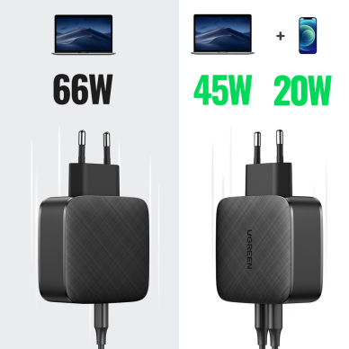 Greitas Buitinis Įkroviklis Ugreen fast wall charger PD 66W 2 x USB Type-C EU kištukas Juodas (CD216) UGLX912 12