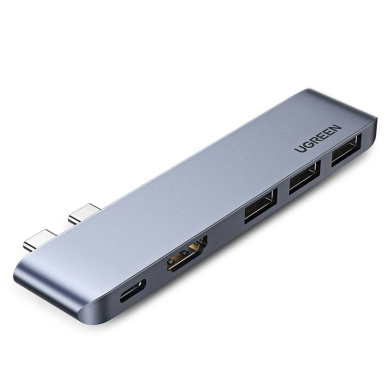 Ugreen Multifunctional HUB 2x USB Typ C - USB Typ C PD (Thunderbolt 3, 100W, 4K@60 Hz, 10 Gbps) / HDMI 4K@30 Hz / 3x USB 3.0 skirta MacBook Pro / Air pilkas (60559)