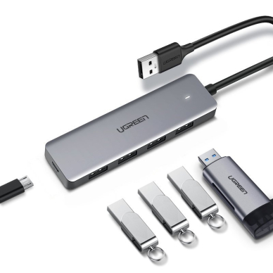 USB Kabelis Ugreen - 4x USB 3.2 Gen 1 HUB with micro USB power port + Bluetooth 4.0 USB adapter gray (CM219 70336) 1