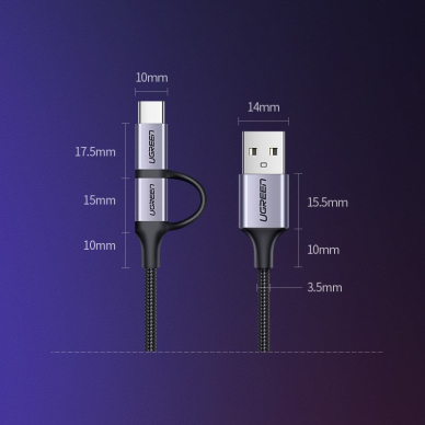 Ugreen USB - micro USB / USB Type C 2in1 kabelis 2,4A 1m juodas (30875)  12