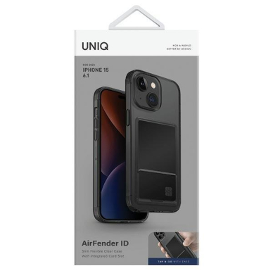 Uniq Air Fender ID Dėklas iPhone 15 6.1  pilkos spalvos/smoked pilkos spalvos tinted Cardslot 1