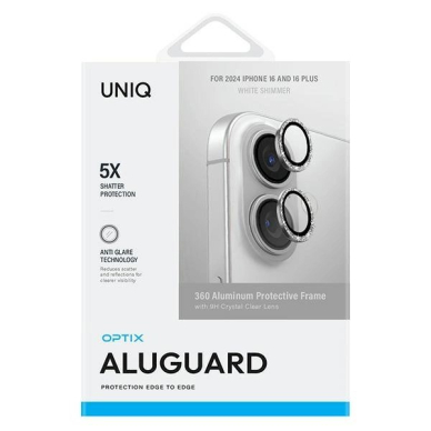 Uniq Optix Aluminum Camera Lens Protector iPhone 16 6.1 / 16 Plus 6.7 Baltas shimmer camera lens glass with applicator 1