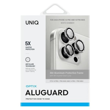 Uniq Optix Aluminum Camera Lens Protector iPhone 16 Pro 6.3 / 16 Pro Max 6.9 Baltas shimmer camera lens glass with applicator 1