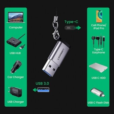 USB C (female) - USB (male) adapter ugreen US276 USB 5Gb/s - pilkos spalvos 2