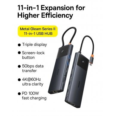 USB HUB 11in1 Baseus Metal Gleam Series II USB-A/USB-C PD/HDMI/DP/RJ45/SD/TF - Juodas 3