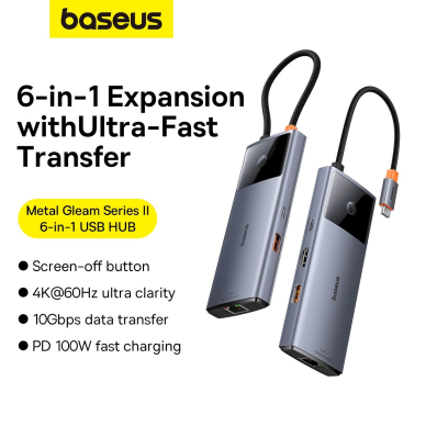 USB HUB 6in1 Baseus Metal Gleam Series II USB-A/USB-C/USB-C PD/HDMI/RJ45 - Juodas 11