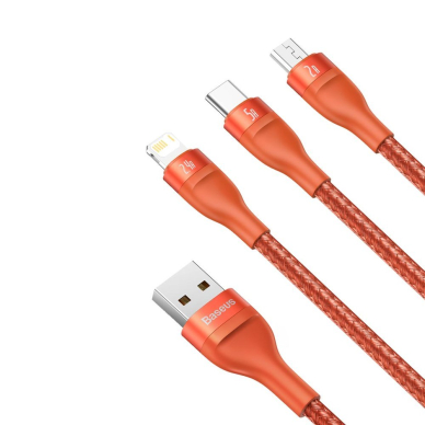 [Užsakomoji prekė] Įkrovimo Kabelis USB į Lightning, Micro-USB, Type-C 66W, 1.2m - Baseus Flash Series (CA1T3-07) - Oranžinis 1