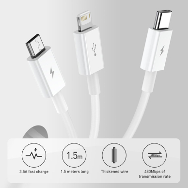 [Užsakomoji prekė] Įkrovimo Kabelis USB į Type-C, Micro-USB, Lightning, Fast Charging 3.5A, 1.5m - Baseus Superior Series (CAMLTYS-03) - Mėlynas 5