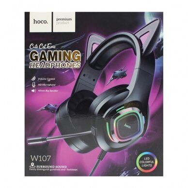 [Užsakomoji prekė] Ausinės Gaming Jack 3.5mm cu LED si Microfon - Hoco Cat Ears (W107)  - Juodas / Žalias 6