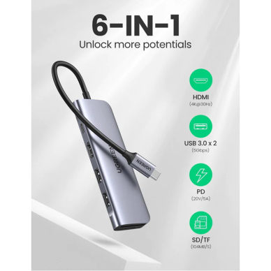 [Užsakomoji prekė] Hub 2xUSB, tip C PD100W, HDMI, SD, TF - Ugreen (70411) - Space Pilkas 1