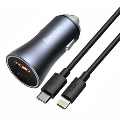 [Užsakomoji prekė] Įkroviklis Auto USB, Type-C, 40W + Cablu Lightning - Baseus (TZCCJD-B0G) - Tamsiai Pilkas