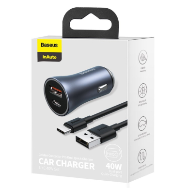 [Užsakomoji prekė] Įkroviklis Auto USB, Type-C, 40W + Cablu Type-C - Baseus (TZCCJD-0G) - Tamsiai Pilkas 6