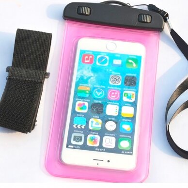 Vandeniui atsparus dėklas Waterproof case with a PVC phone band - rožinis 2