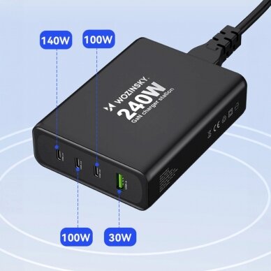 Wozinsky WGCSB 240W GaN wall Įkroviklis  USB-A / 3 x USB-C - Juodas 13