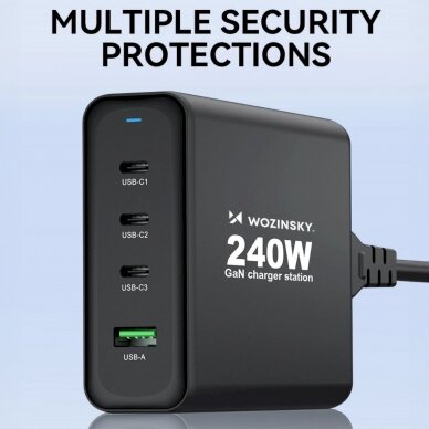 Wozinsky WGCSB 240W GaN wall Įkroviklis  USB-A / 3 x USB-C - Juodas 6