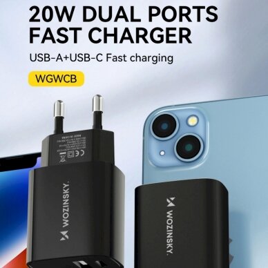 Wozinsky WGWCB USB-A USB-C 20W wall Įkroviklis  - Juodas 5