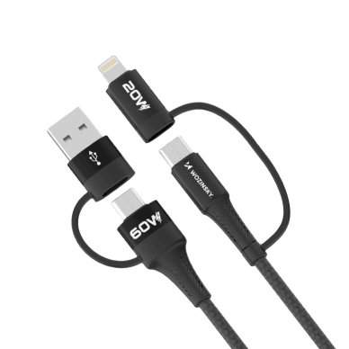 Wozinsky WNBAA 4in1 Kabelis 2x USB-C 1x USB-A 1x Lightning 60W 1 m - Juodas