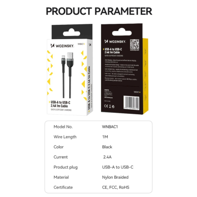 Wozinsky WNBAC2 USB-A / USB-C 2.4A Kabelis 2 m - Juodas 4
