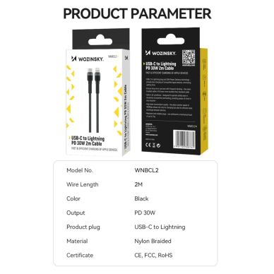 Wozinsky WNBCL2 Lightning / USB-C PD 30W Kabelis 2 m - Juodas 4