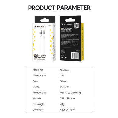 Wozinsky WSTCL2 Lightning / USB-C PD 27W Kabelis 2 m - baltas 4